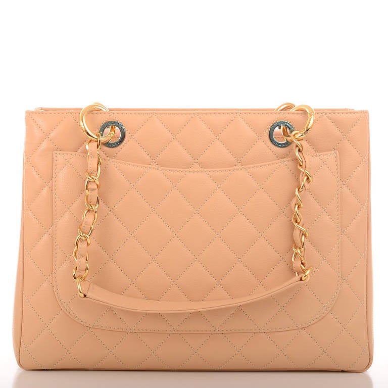 Women's Chanel Beige Quilted Caviar Grand Shopper Tote (GST) Bag with Gold Hardware