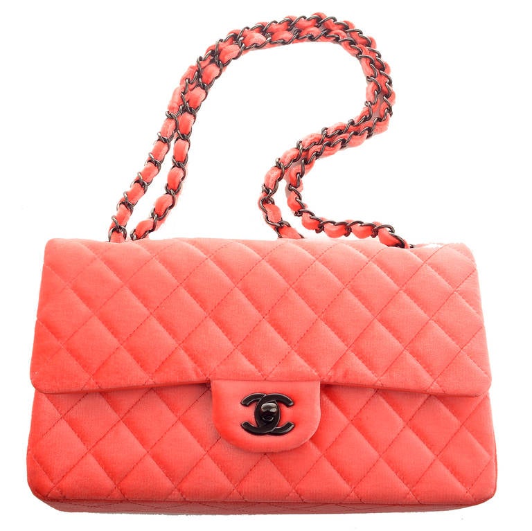 Chanel Coral Pink Quilted Velvet Velour Large Classic Double Flap Bag 2