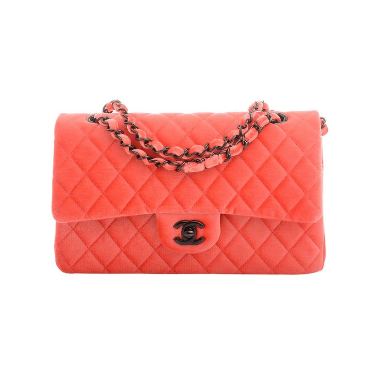 Chanel Coral Pink Quilted Velvet Velour Large Classic Double Flap Bag