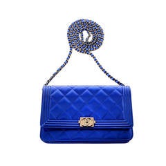 Chanel Metallic Electric Blue Quilted Patent Boy Wallet On Chain (WOC)
