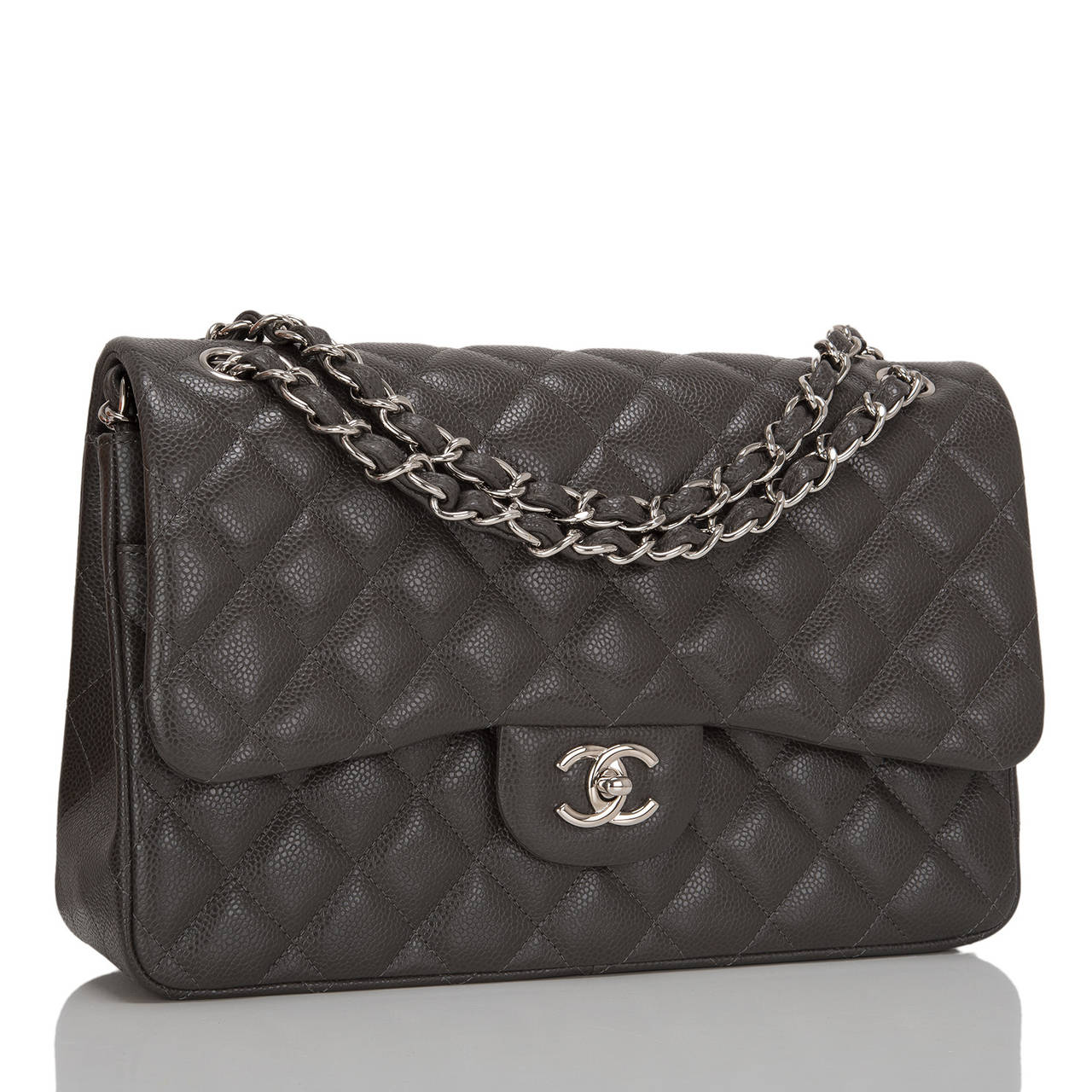 Chanel Dark Grey Quilted Caviar Classic Jumbo Double Flap Bag at
