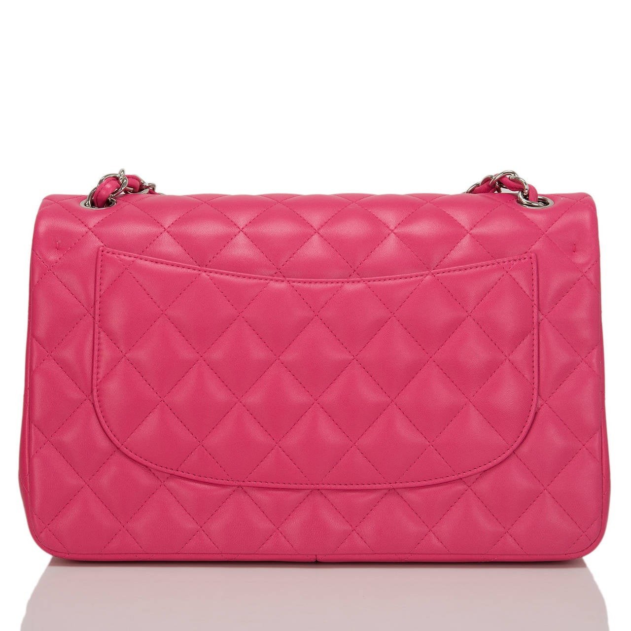 Chanel Fuchsia Pink Lambskin Jumbo Classic Double Flap Bag In New Condition In New York, NY