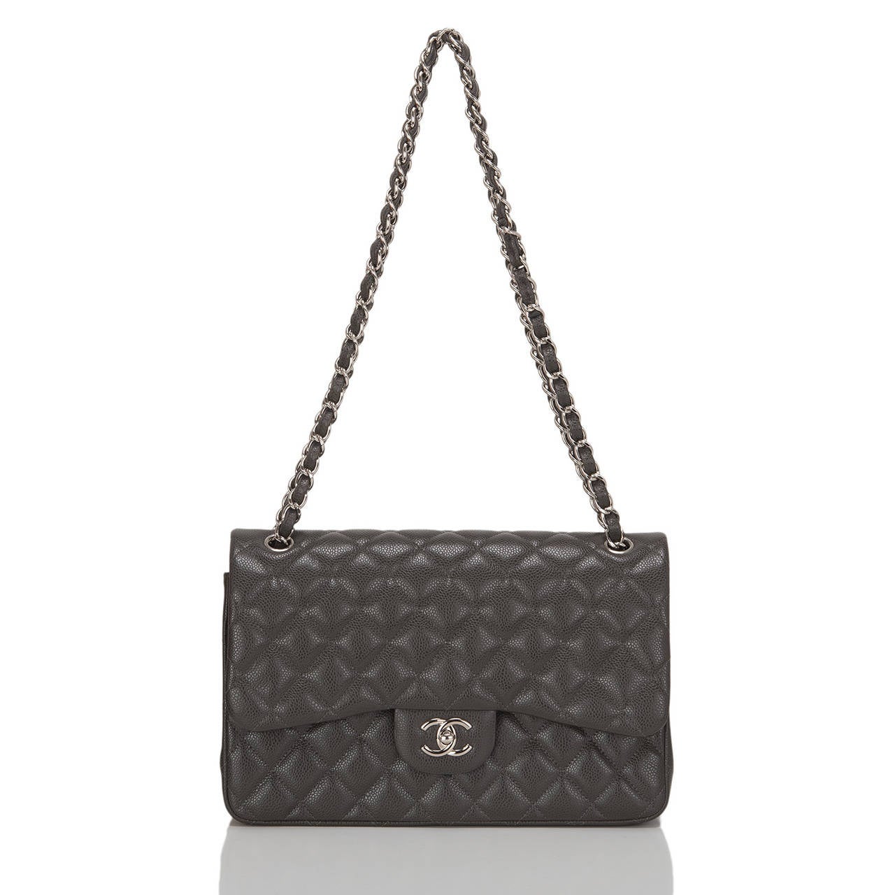 Women's Chanel Dark Grey Quilted Caviar Classic Jumbo Double Flap Bag