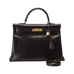 Hermes Vintage Black Box Kelly 35cm Gold Hardware
