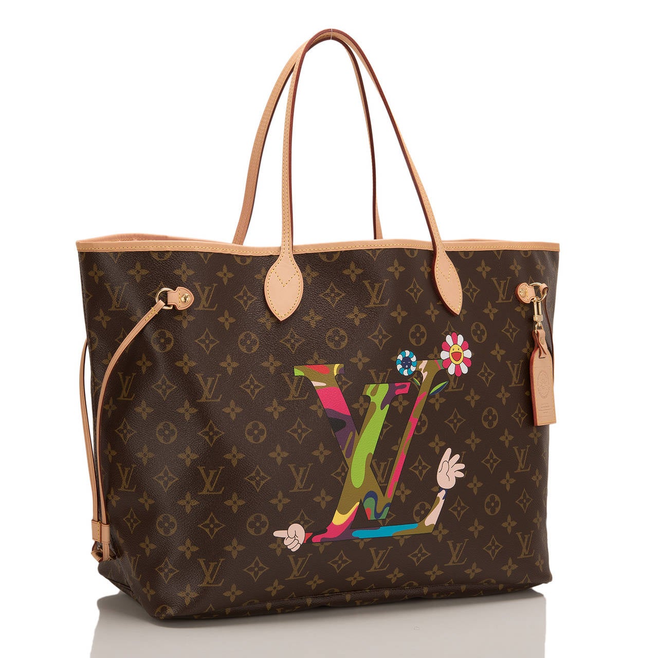 Louis Vuitton limited edition Murakami MOCA Neverfull GM tote of coated canvas and designed by Takashi Murakami for the Museum of Contemporary Art.

This classic tote features a large screen printed Murakami cartoon hands in the LV trademark on