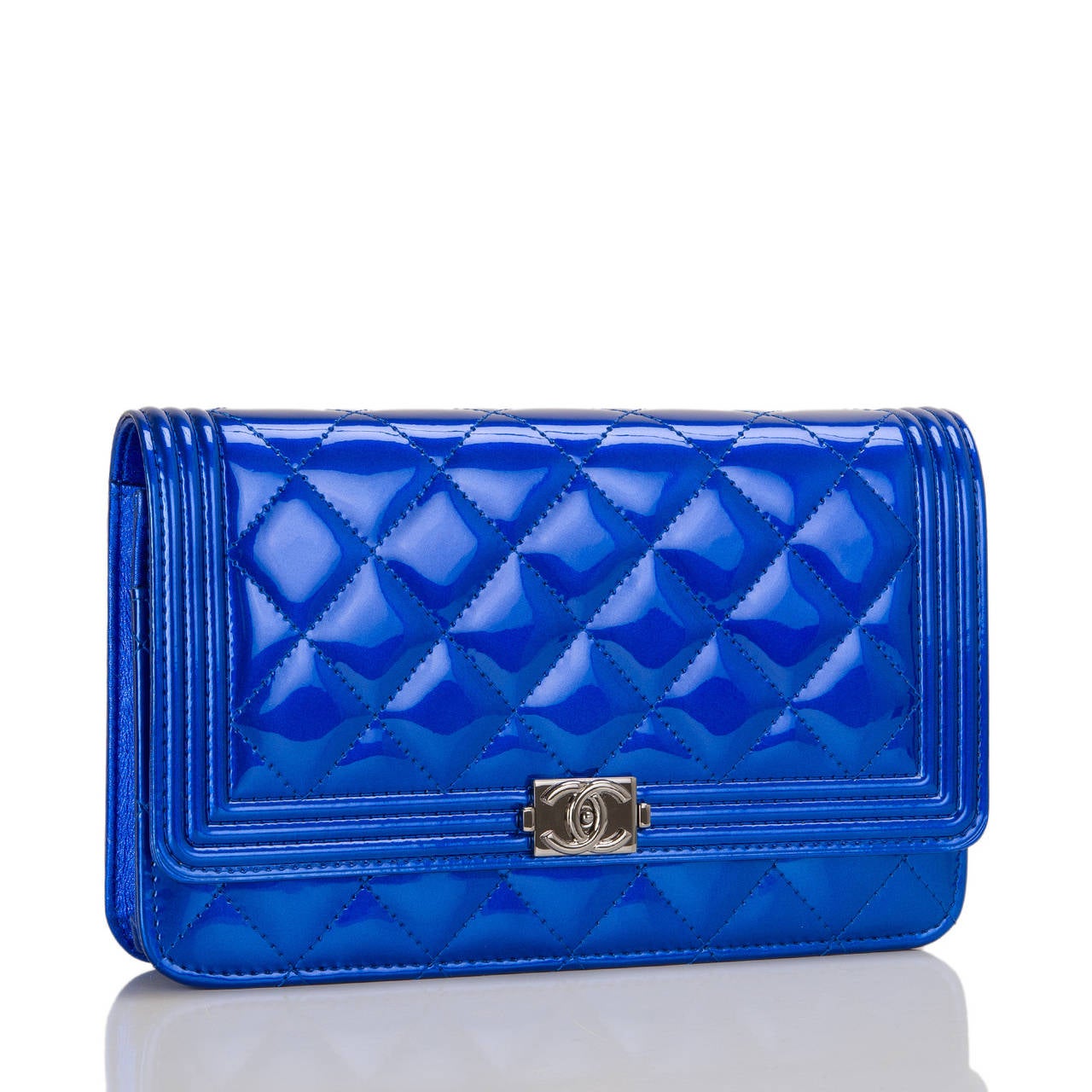 Chanel Blue Metallic Patent Quilted Boy Wallet On Chain (WOC) at 1stDibs