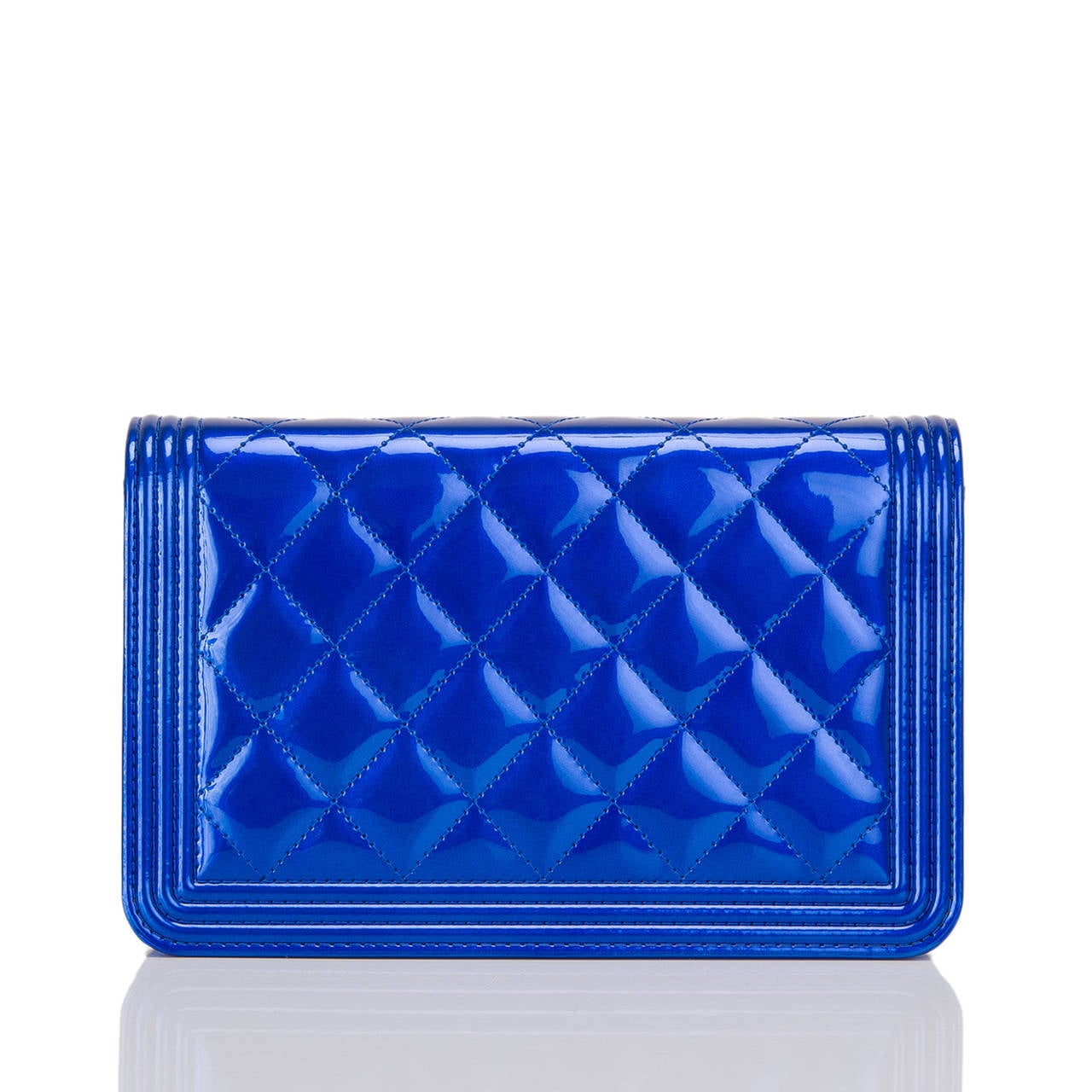 Chanel Blue Metallic Patent Quilted Boy Wallet On Chain (WOC) In New Condition In New York, NY