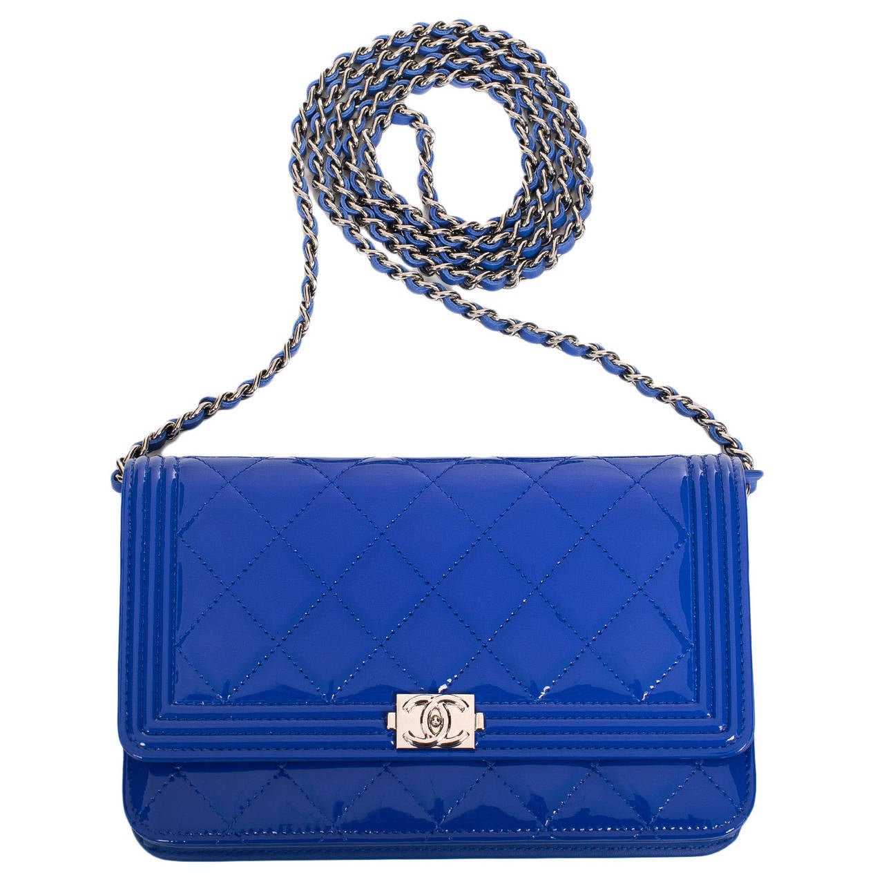 Chanel Blue Quilted Patent Boy Wallet On Chain (WOC) at 1stDibs