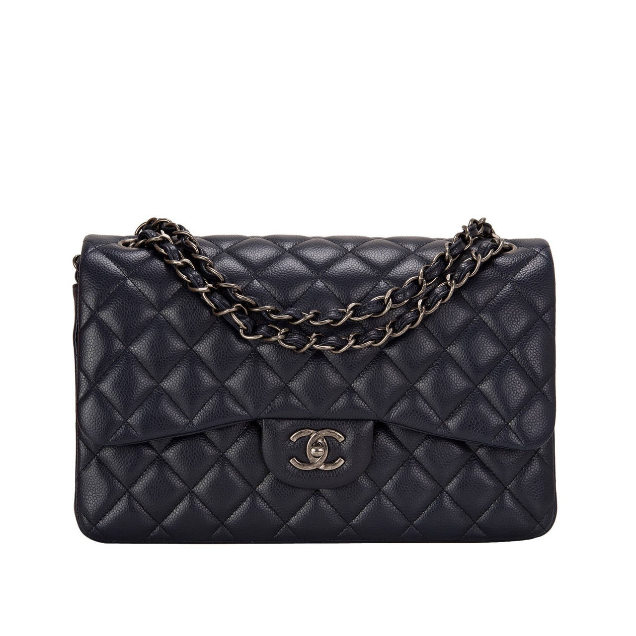 Chanel Navy Quilted Caviar Jumbo Classic Double Flap Bag For Sale