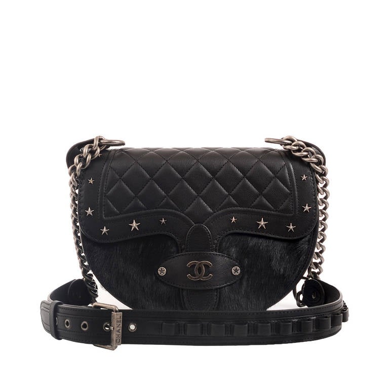 Chanel "Dallas" Studded Black Saddle Satchel Messenger Bag