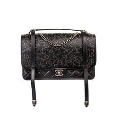 Chanel Black Studded "Dallas" Lambskin Calfskin Messenger Flap Bag