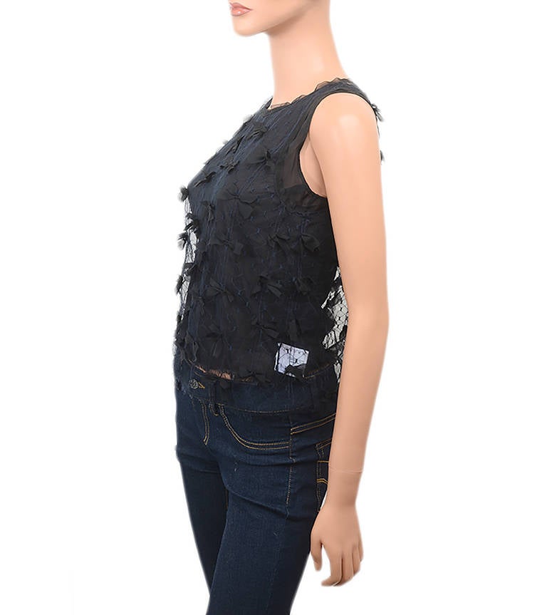 Chanel Black Tulle & Silk Ribbon Top 36 4 In Excellent Condition For Sale In New York, NY