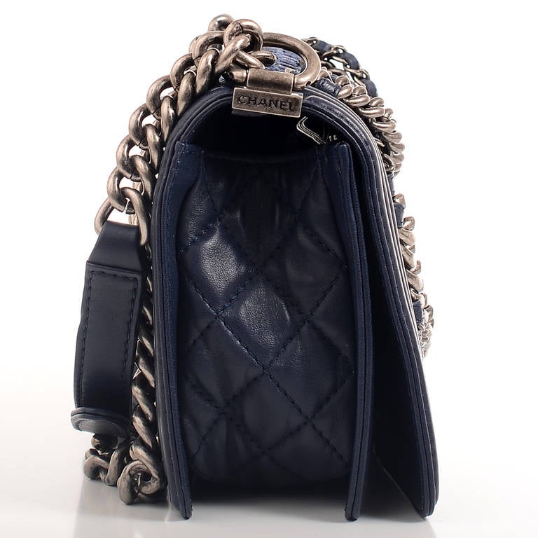 Women's Chanel Navy Blue Tweed Dechained Chain Boy Flap Bag