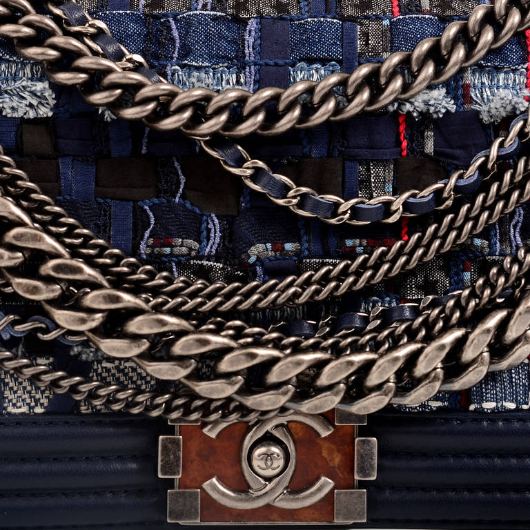 Chanel Navy Blue Tweed Dechained Chain Boy Flap Bag 3