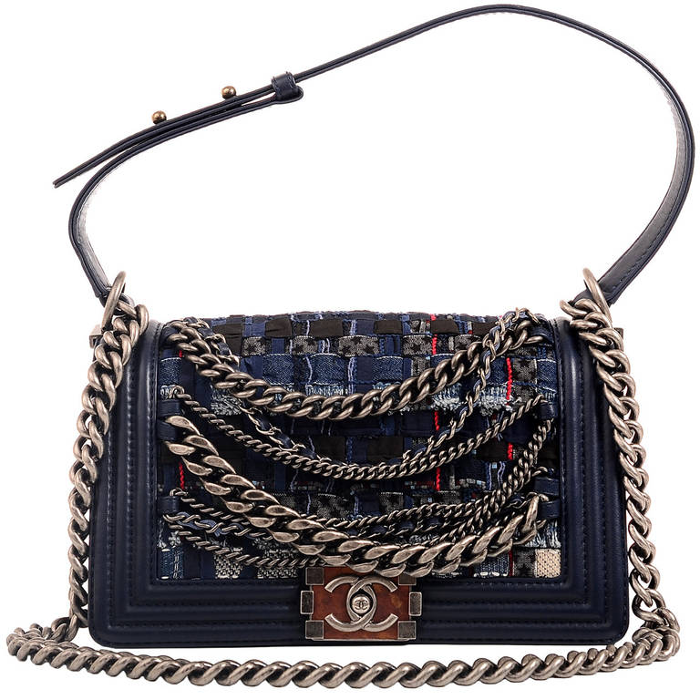 Chanel Navy Blue Tweed Dechained Chain Boy Flap Bag