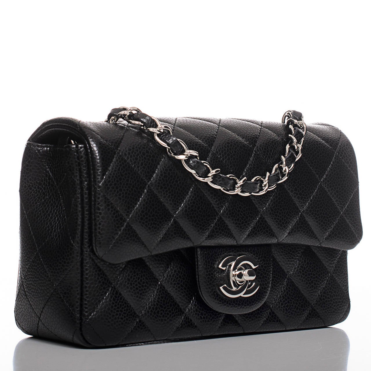 Chanel black Small Classic 2.55 flap bag in quilted caviar leather with silver tone hardware.

Named 2.55 to honor the bag's creation in February 1955, the iconic Chanel bag was a modification of the bag Coco Chanel originally designed in 1929.