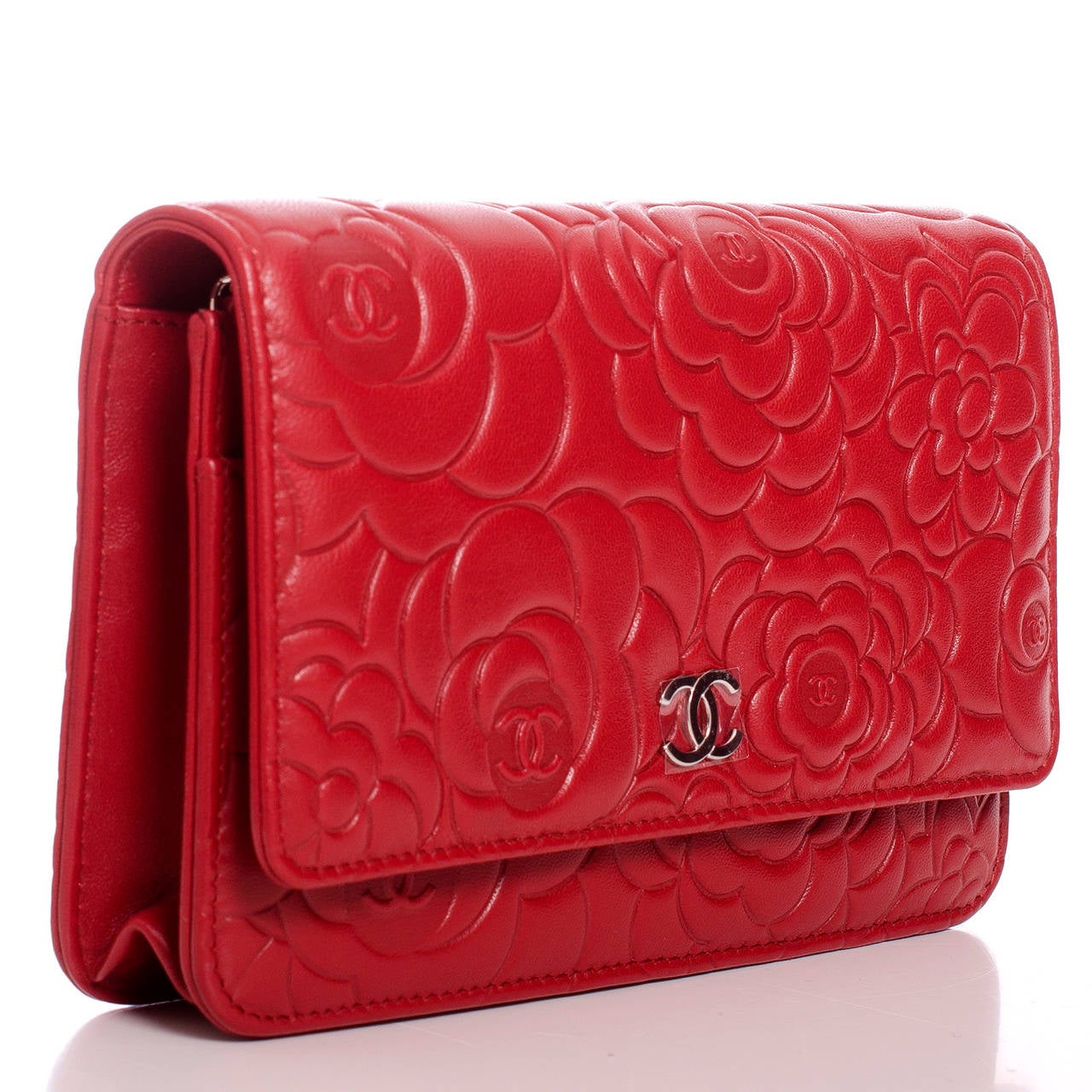Chanel Red Lambskin Camellia Wallet On Chain (WOC)