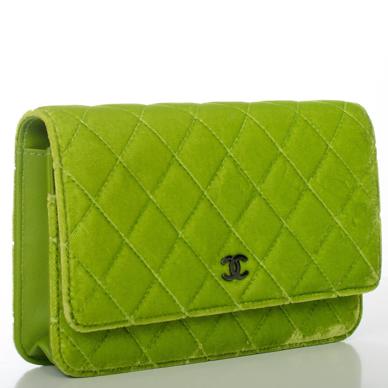 Chanel Lime Green Velvet Classic Quilted Wallet On Chain (WOC)