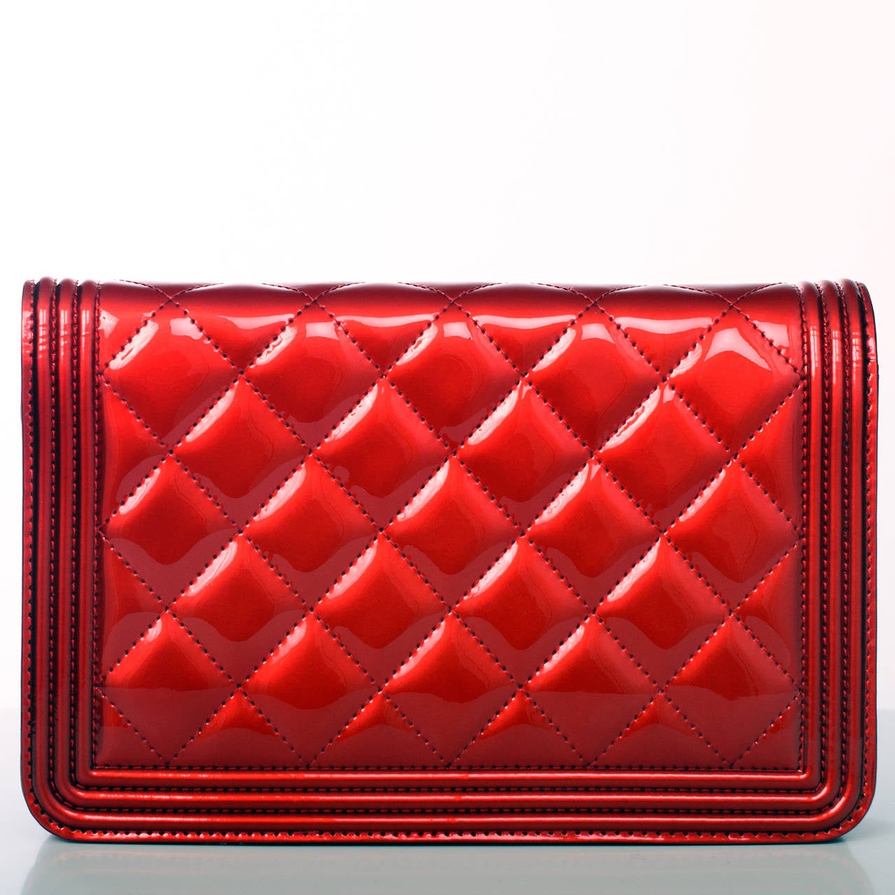 Chanel Red Metallic Patent Boy Wallet On Chain (WOC) In New Condition In New York, NY
