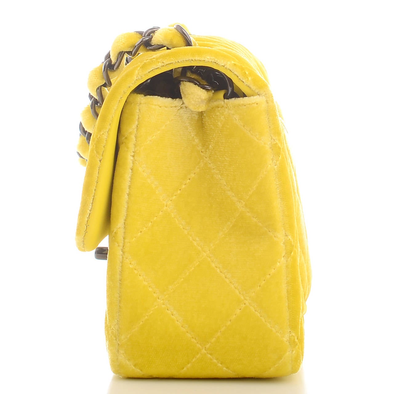 Chanel Yellow Quilted Velvet Small Classic 2.55 Flap Bag In New Condition In New York, NY