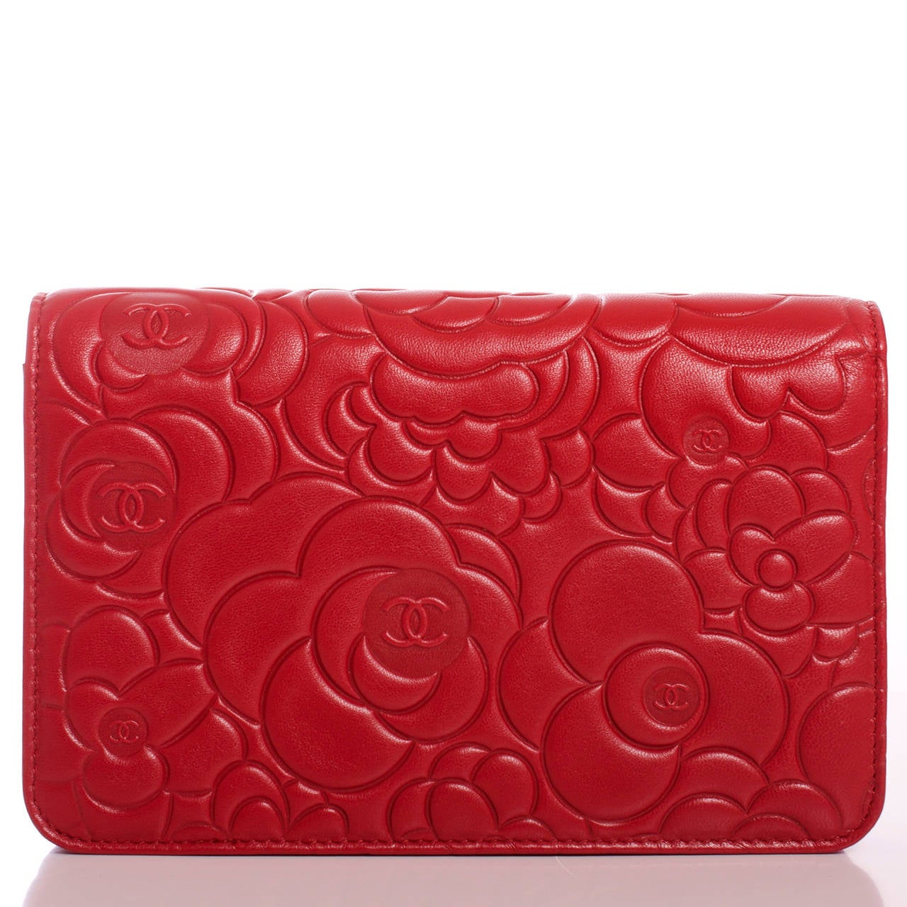 Chanel Red Lambskin Camellia Wallet On Chain (WOC) at 1stDibs