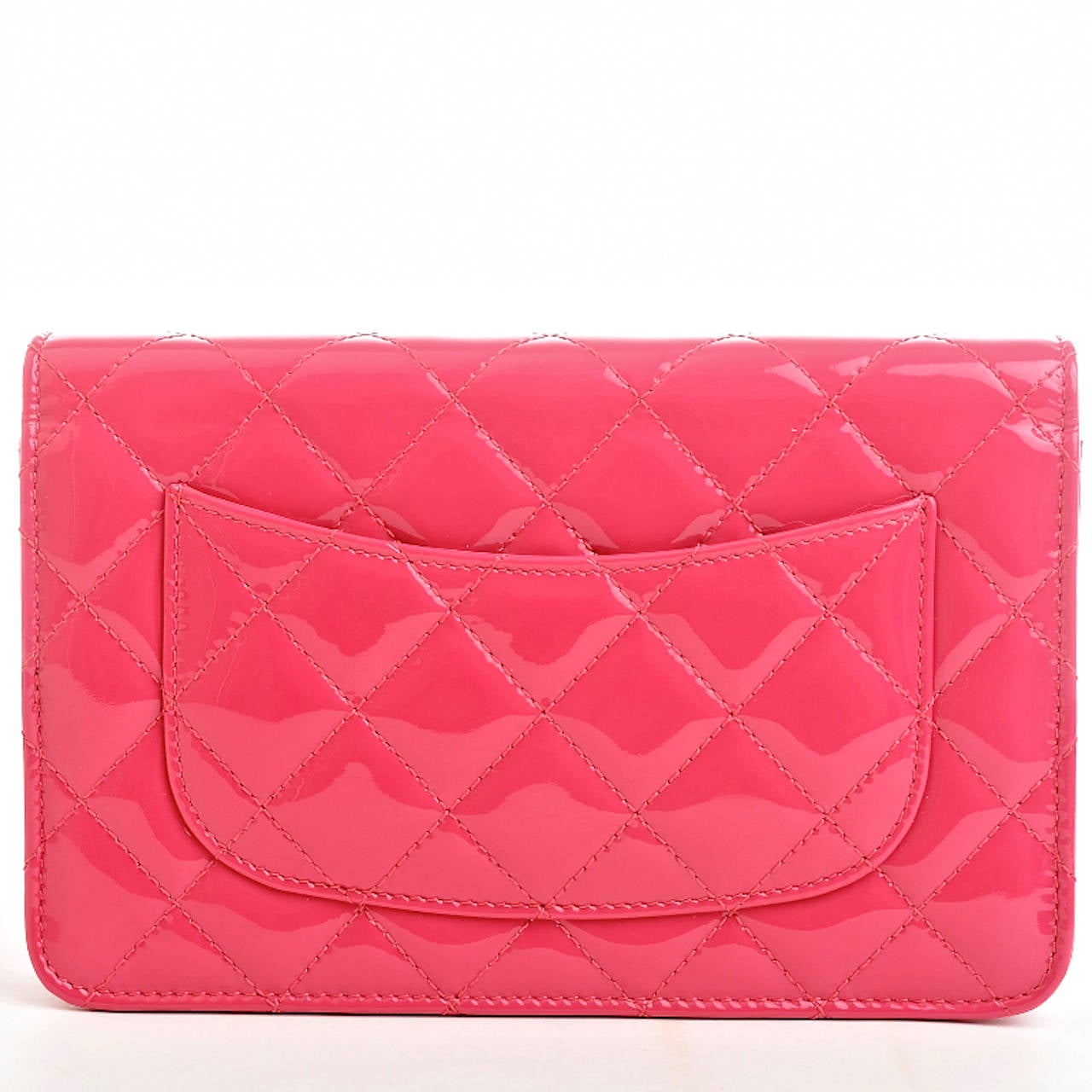 Red Chanel Fuchsia Pink Classic Quilted Patent Wallet On Chain (WOC)