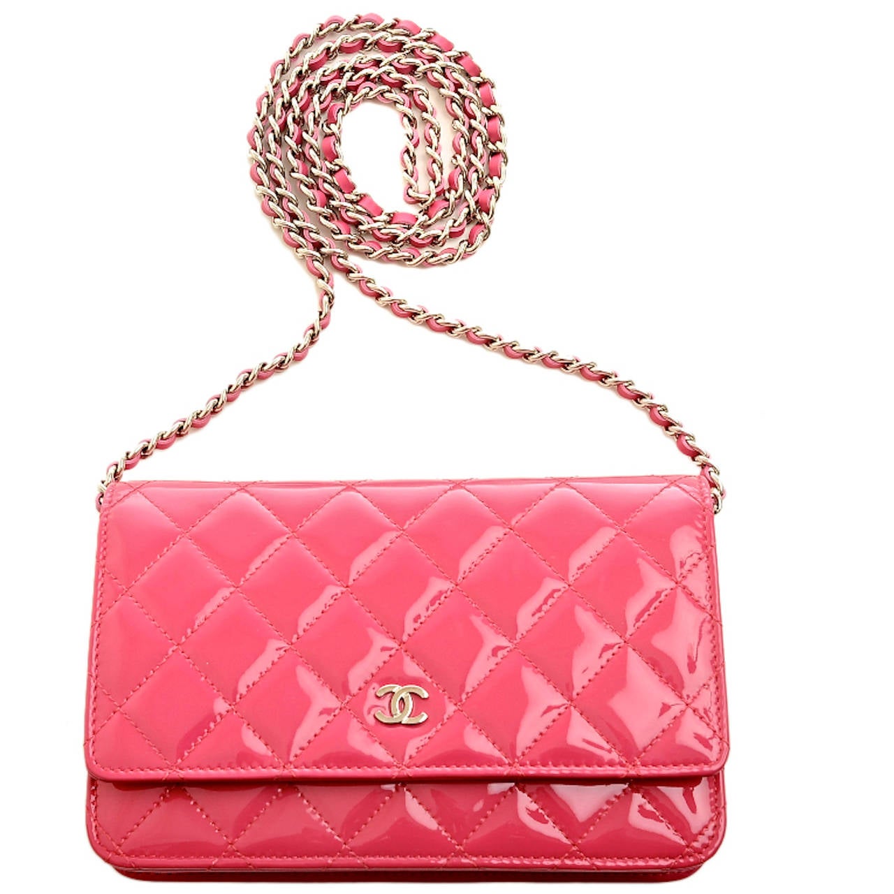 Chanel Fuchsia Pink Classic Quilted Patent Wallet On Chain (WOC) 1