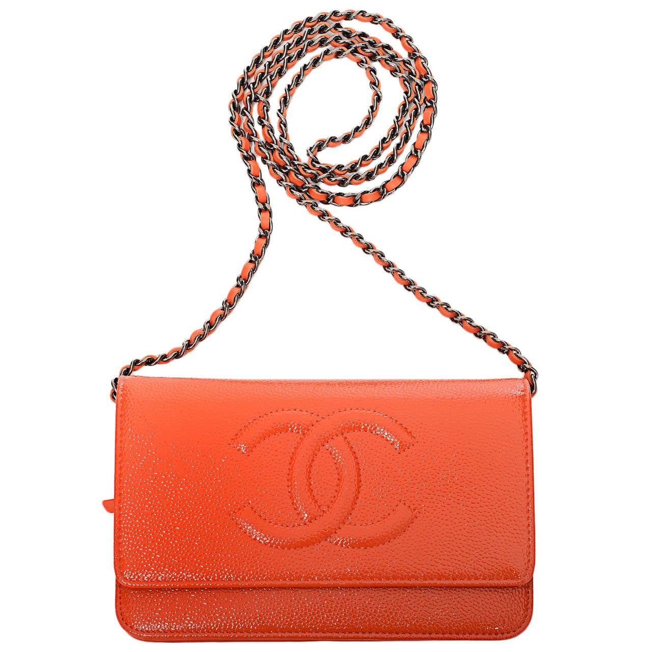 Women's Chanel Orange Glazed Caviar Timeless Wallet On Chain (WOC)