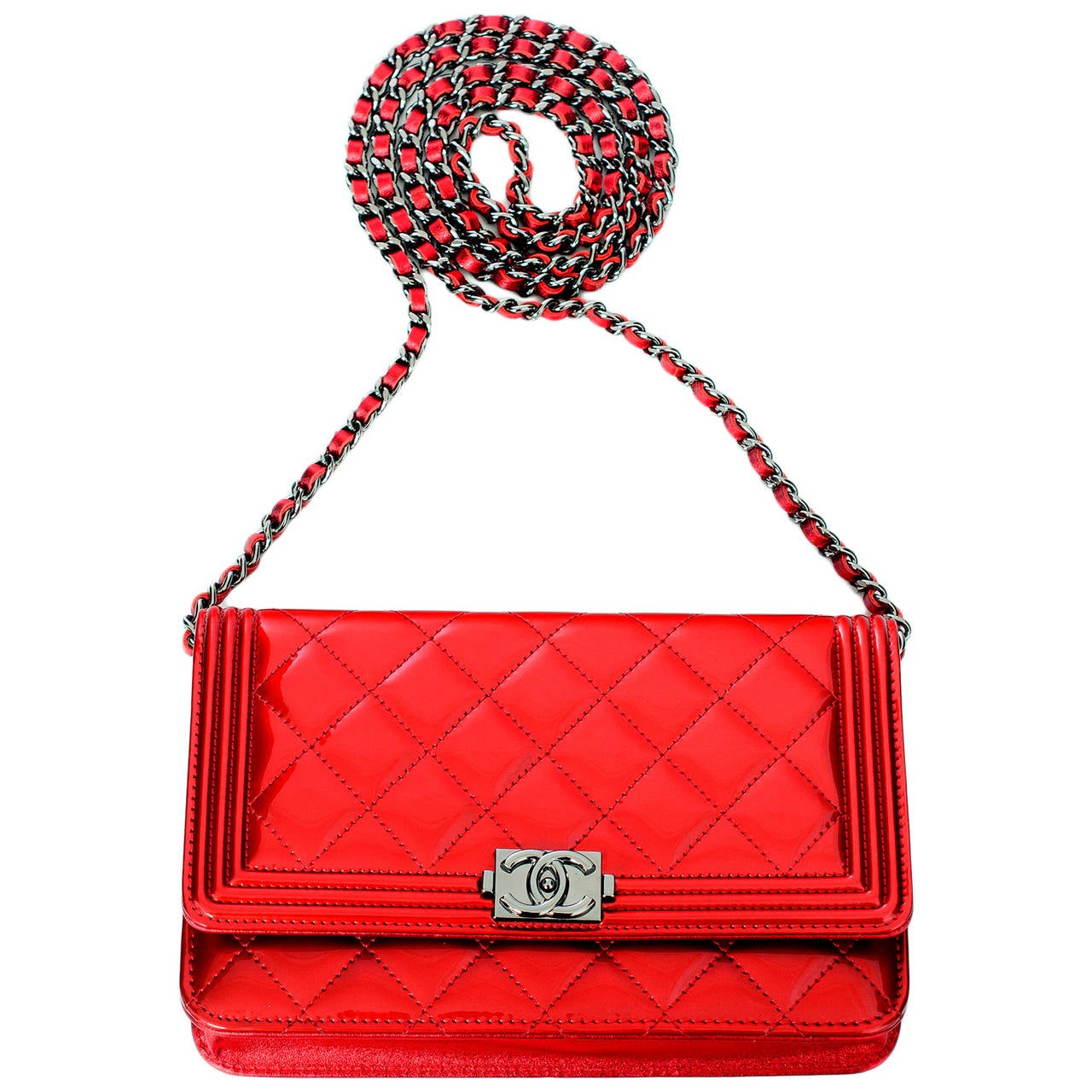 Chanel Red Metallic Patent Boy Wallet On Chain (WOC) 1