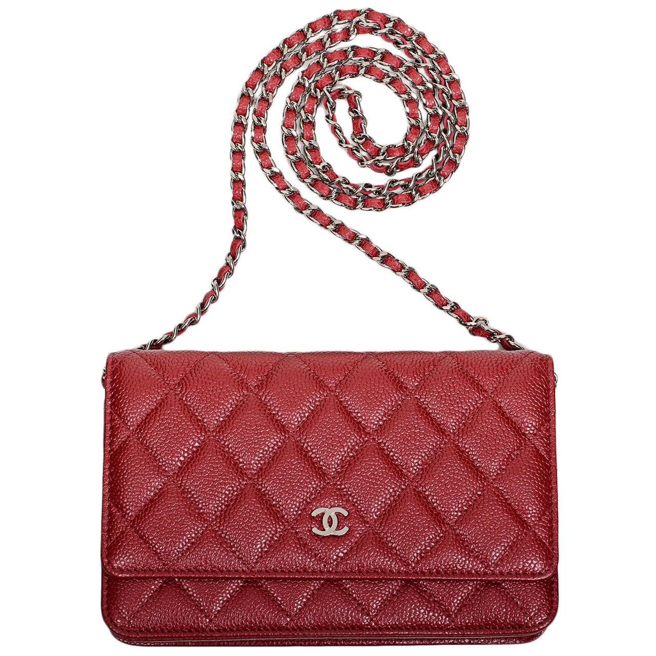 Red Chanel Dark Pink Classic Quilted Glazed Caviar Wallet On Chain (WOC)