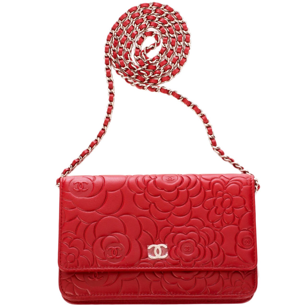 CHANEL Lambskin Camellia Embossed Wallet On Chain WOC Pink 868075