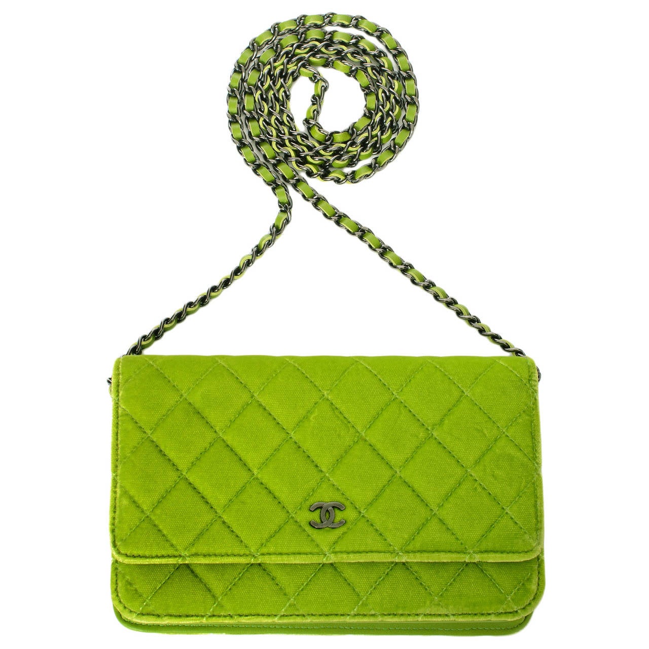 Chanel Lime Green Velvet Classic Quilted Wallet On Chain (WOC) at