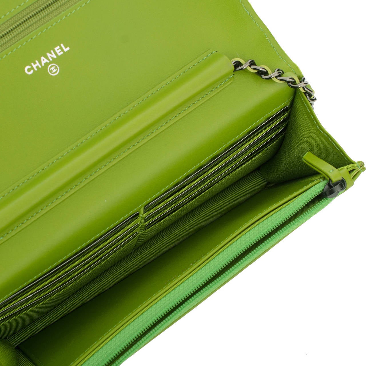 Chanel Lime Green Velvet Classic Quilted Wallet On Chain (WOC) In New Condition In New York, NY