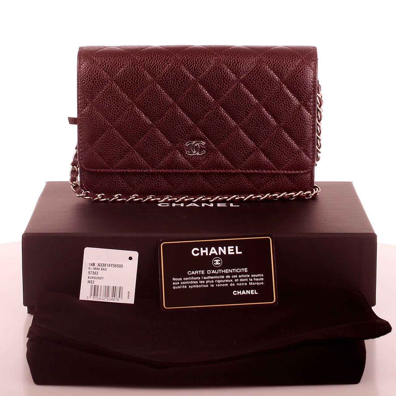 Chanel Burgundy Classic Quilted Caviar Wallet On Chain (WOC) 2