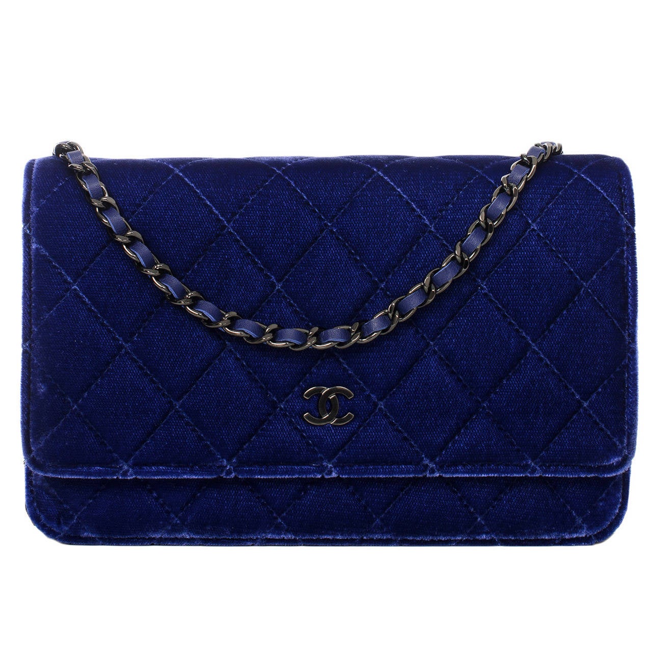 Chanel Electric Blue Velvet Classic Quilted Wallet On Chain (WOC