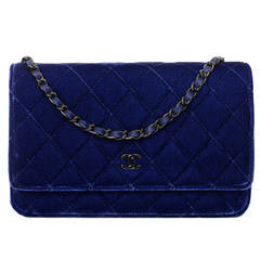 Chanel Electric Blue Velvet Classic Quilted Wallet On Chain (WOC)