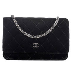 Chanel Black Velvet Classic Quilted Wallet On Chain (WOC)