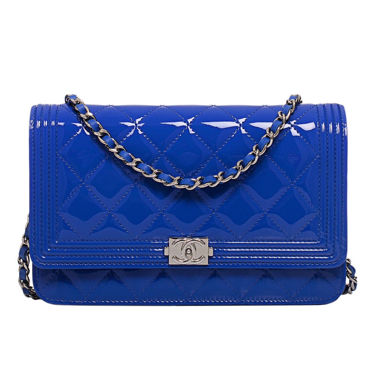 Chanel Electric Blue Quilted Patent Boy Wallet On Chain (WOC)