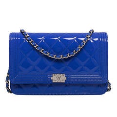 Chanel Electric Blue Quilted Patent Boy Wallet On Chain (WOC)
