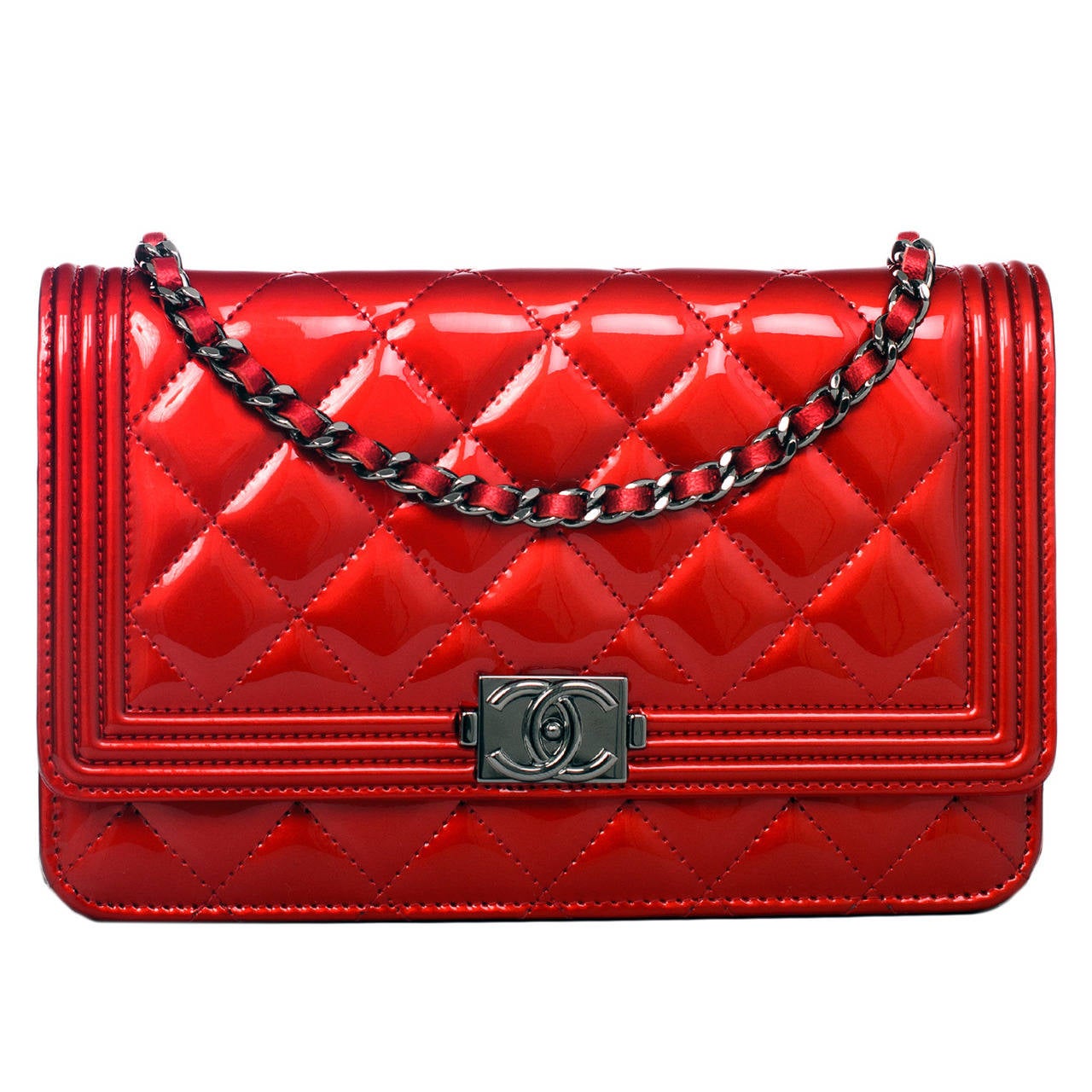 Chanel Red Metallic Patent Boy Wallet On Chain (WOC)