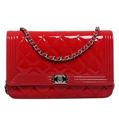 Chanel Lipstick Red Quilted Patent Boy Wallet On Chain (WOC)