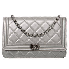Chanel Silver Quilted Calfskin Boy Wallet On Chain (WOC)