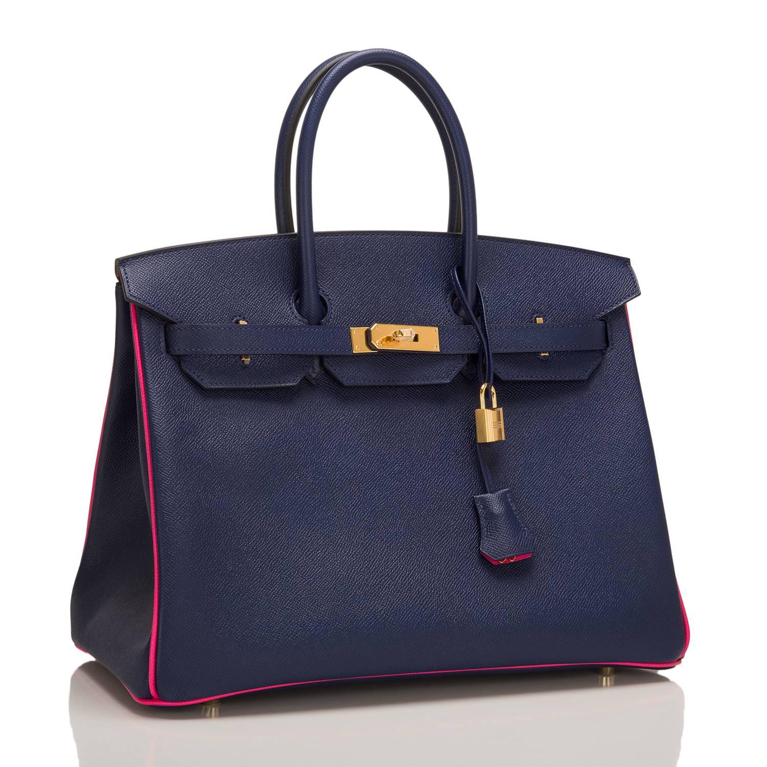 Hermes SO Horseshoe Stamped Blue Sappire Epsom Birkin with Rose Tyrien piping, Rose Tyrien Chevre interior and gold hardware.

This Birkin features tonal stitching, rose tyrien piping along side and bottom, signature front toggle closure,