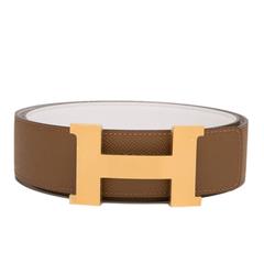 Hermes 42mm Reversible White/Azelan Epsom Constance H Belt Brushed Gold Buckle 9