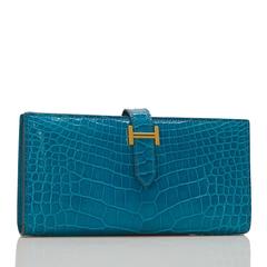 Hermes Blue Izmir Shiny Alligator Gold Hardware Bearn Wallet