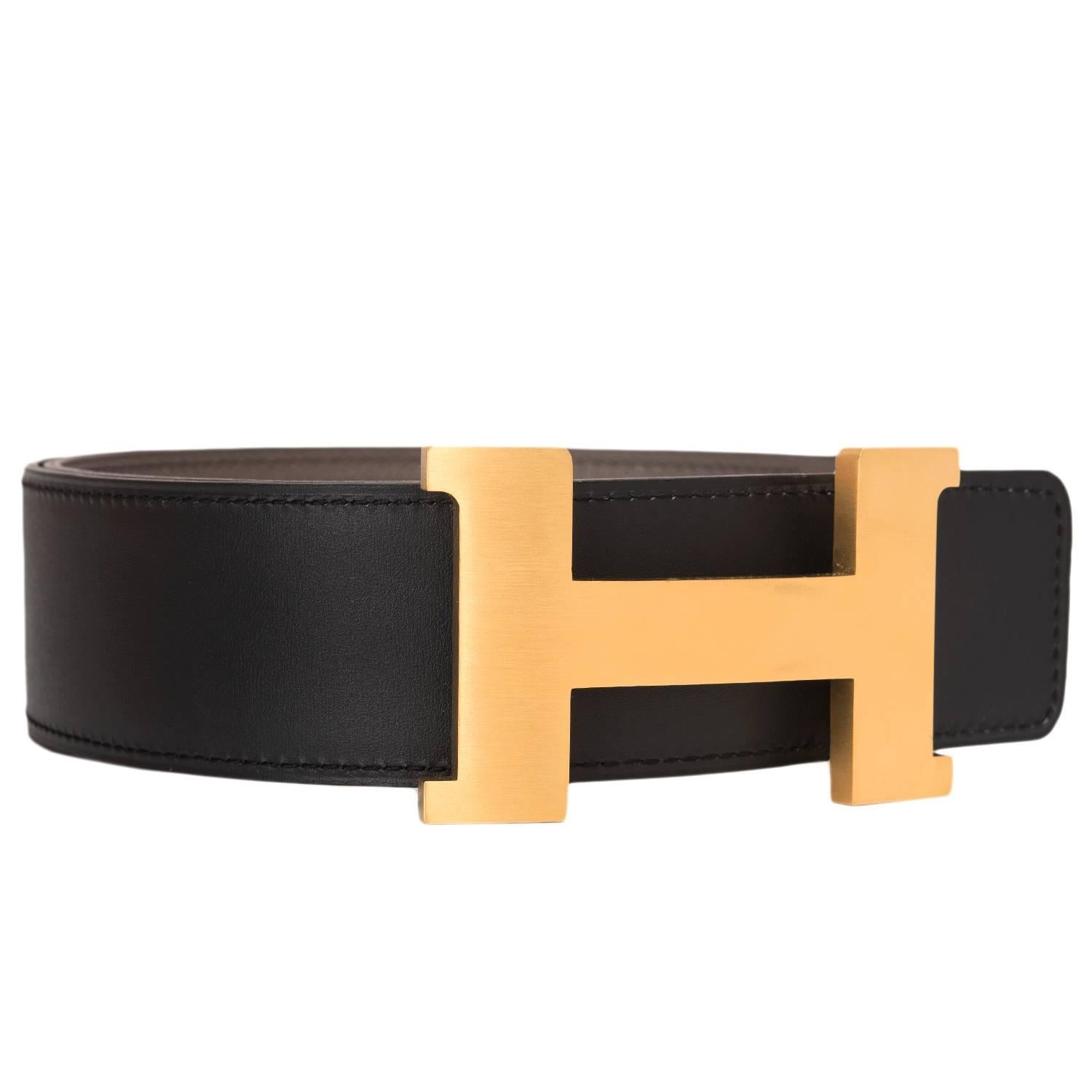 Hermes 42mm Reversible Etain/Black Constance H Belt Brushed Gold Buckle 80cm In New Condition In New York, NY