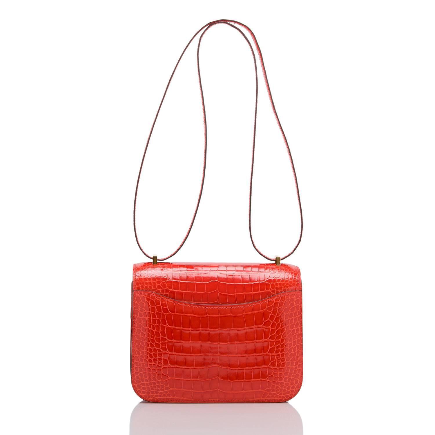 Hermes Orange Poppy Shiny Alligator Mini Constance 18cm Gold ...  