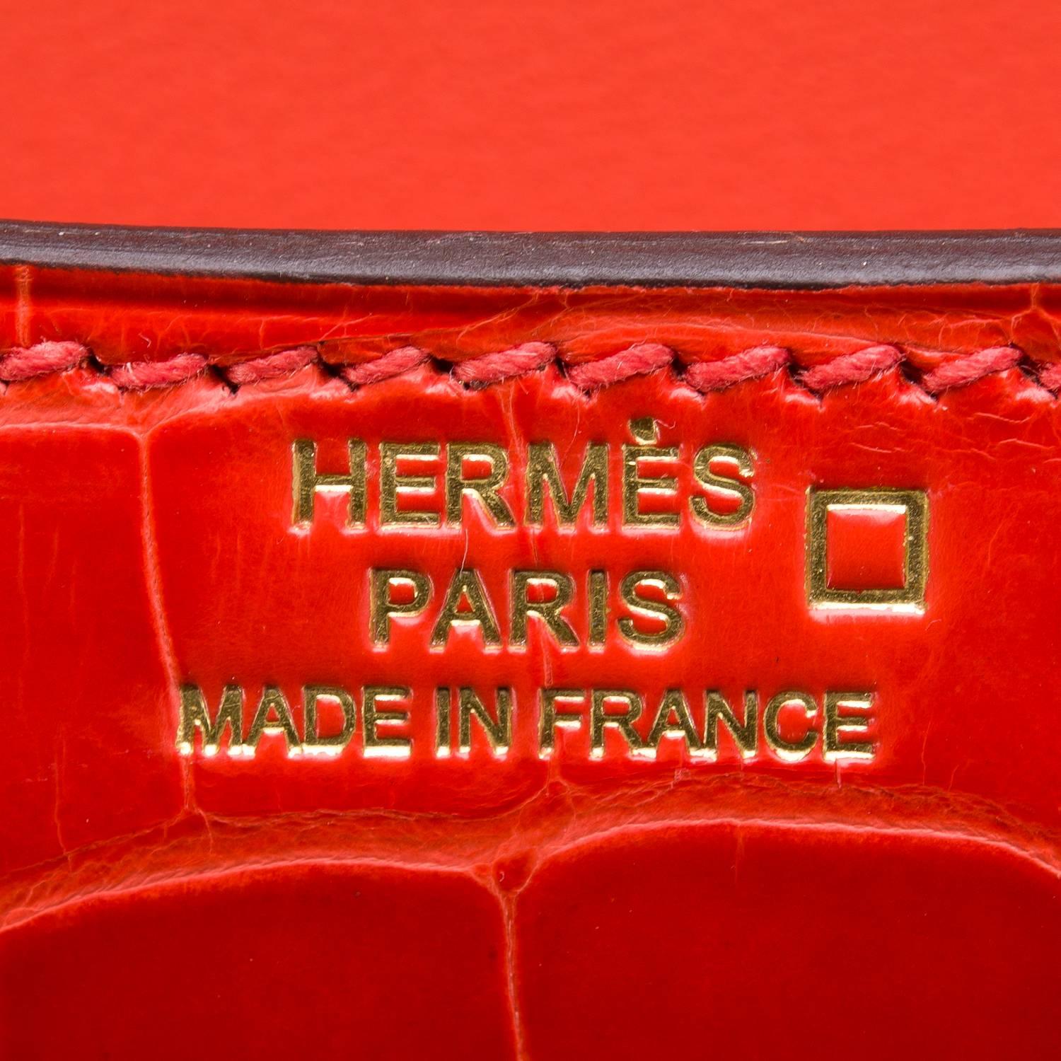 Hermes Orange Poppy Shiny Alligator Mini Constance 18cm Gold Hardware 1