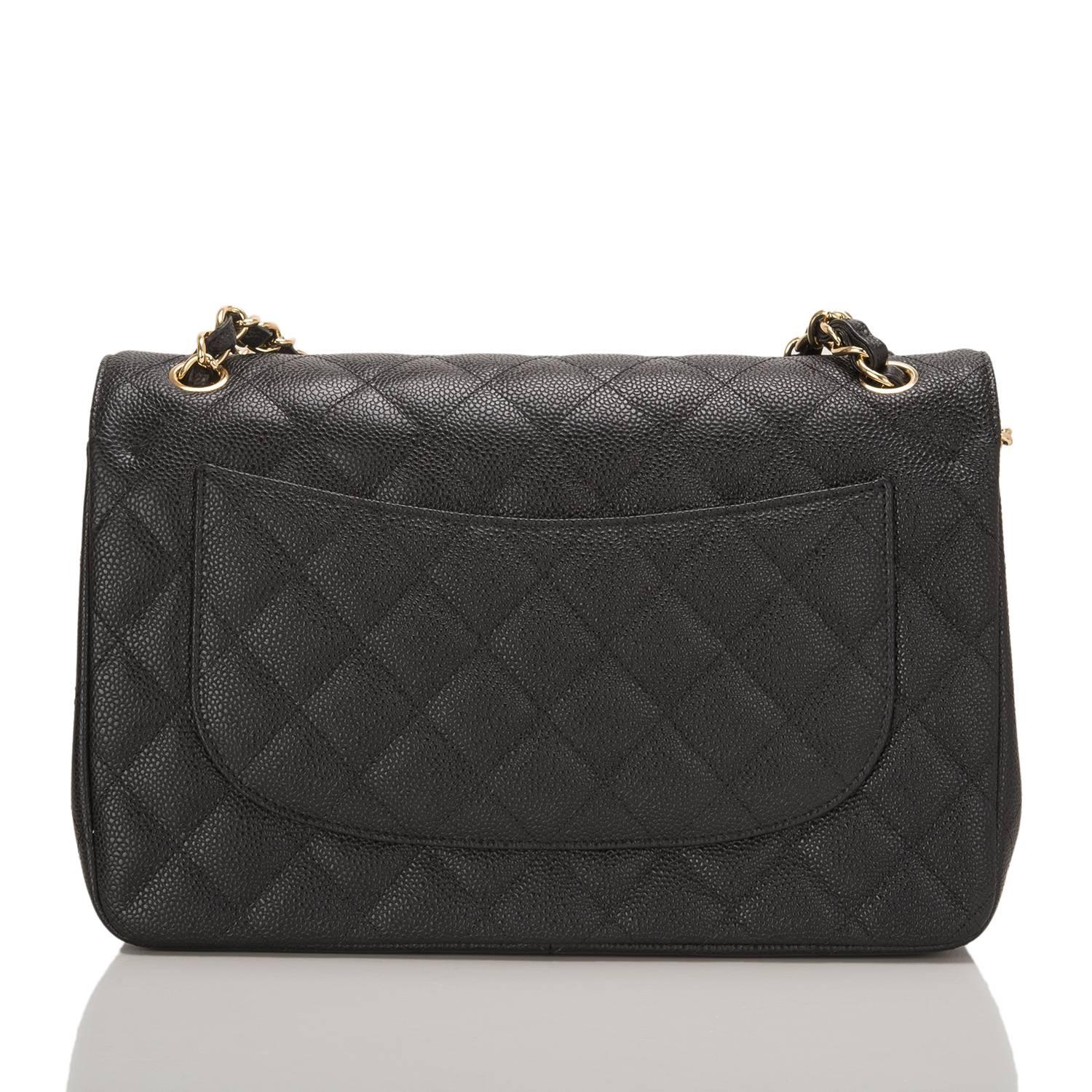 Chanel Black Quilted Caviar Jumbo Classic Double Flap Gold Hardware Shoulder In New Condition In New York, NY