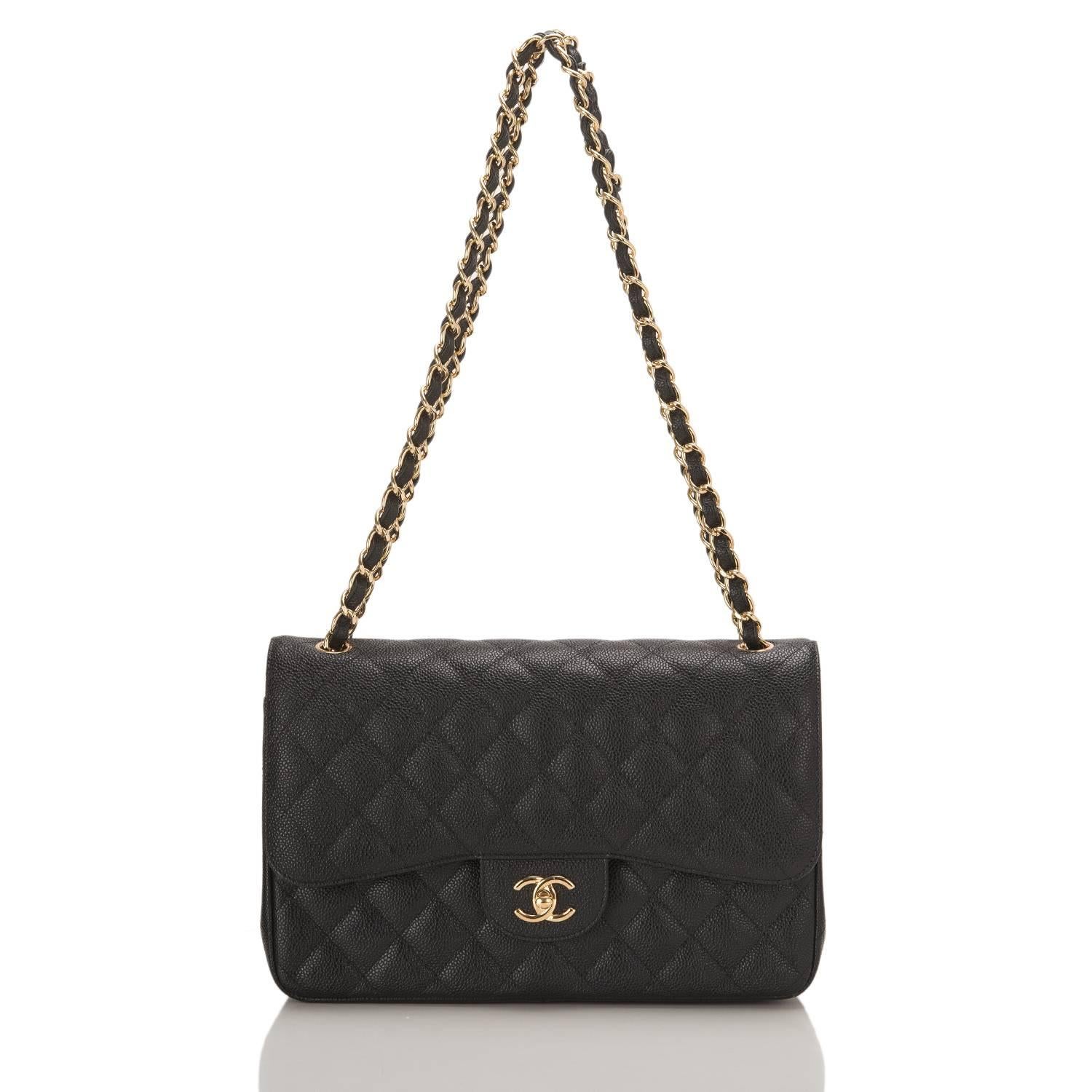 Chanel Black Quilted Caviar Jumbo Classic Double Flap Gold Hardware Shoulder 1